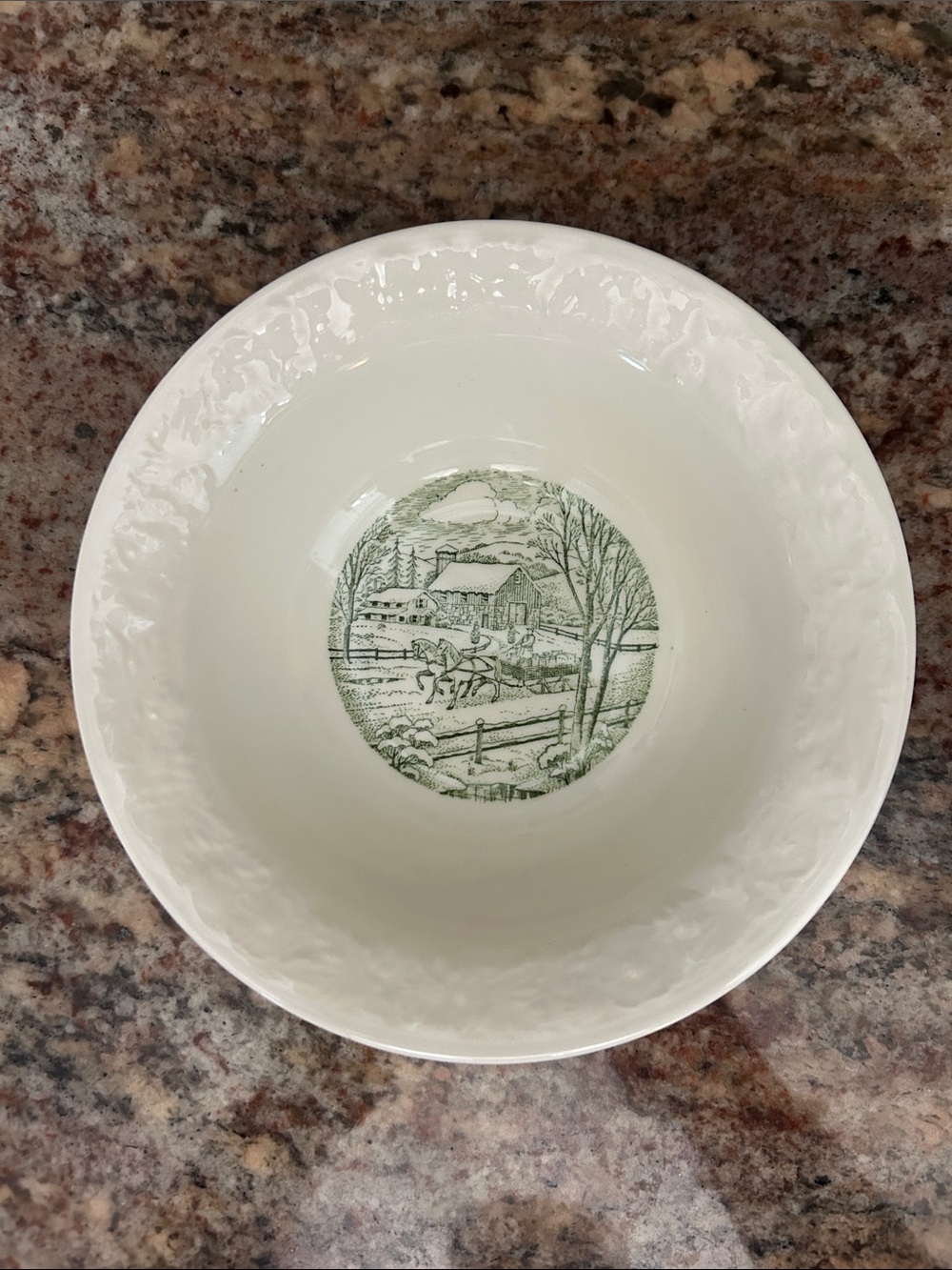 Vintage Taylor Smith & Taylor Ceramic White Bowl W/Green Country Winter Motif